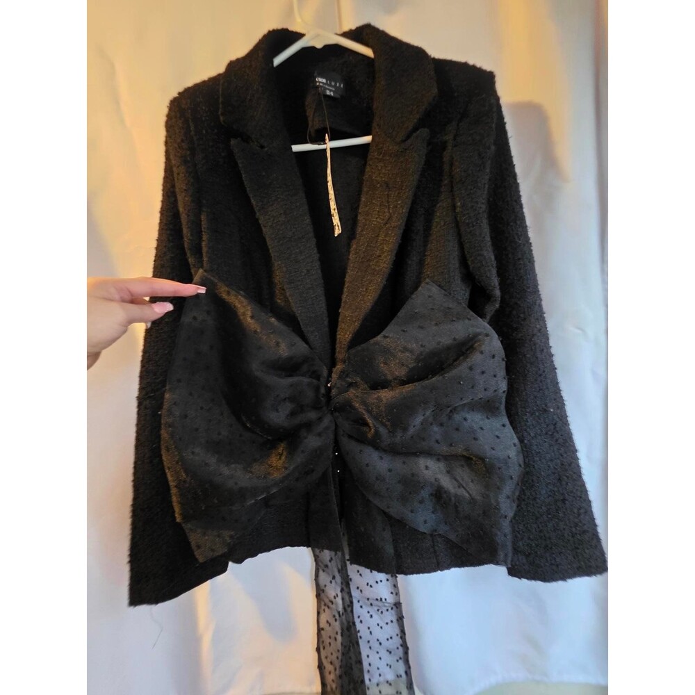Zara Black Textured Blazer with Large Sheer Bow Accent